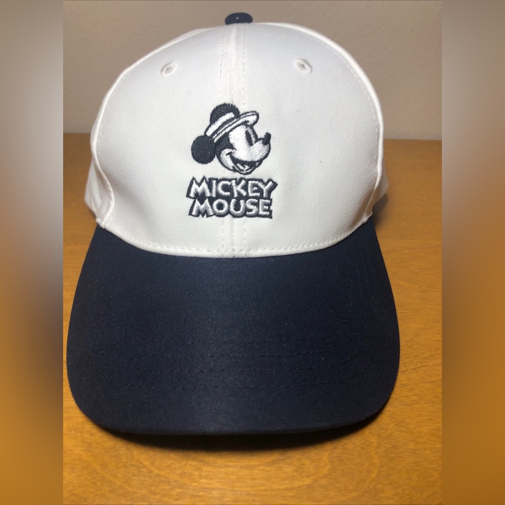 Disney Vintage Mickey Mouse With Boater Hat Baseball Hat Cap White W/ Navy Bill